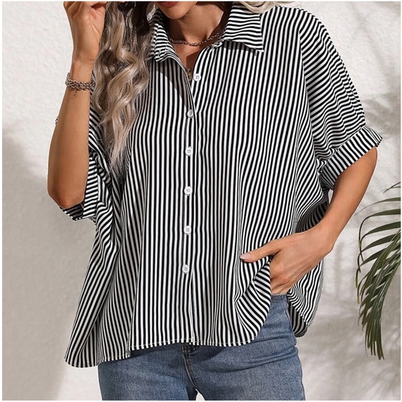 011 Stripes Button Down Boyfriend oversized Shirt - Picture 9 of 10